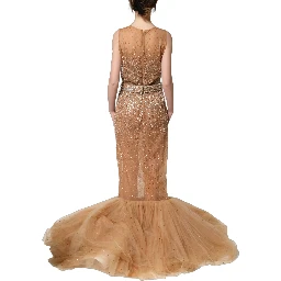 Brown Crystal Embellished Mermaid Gown Dress