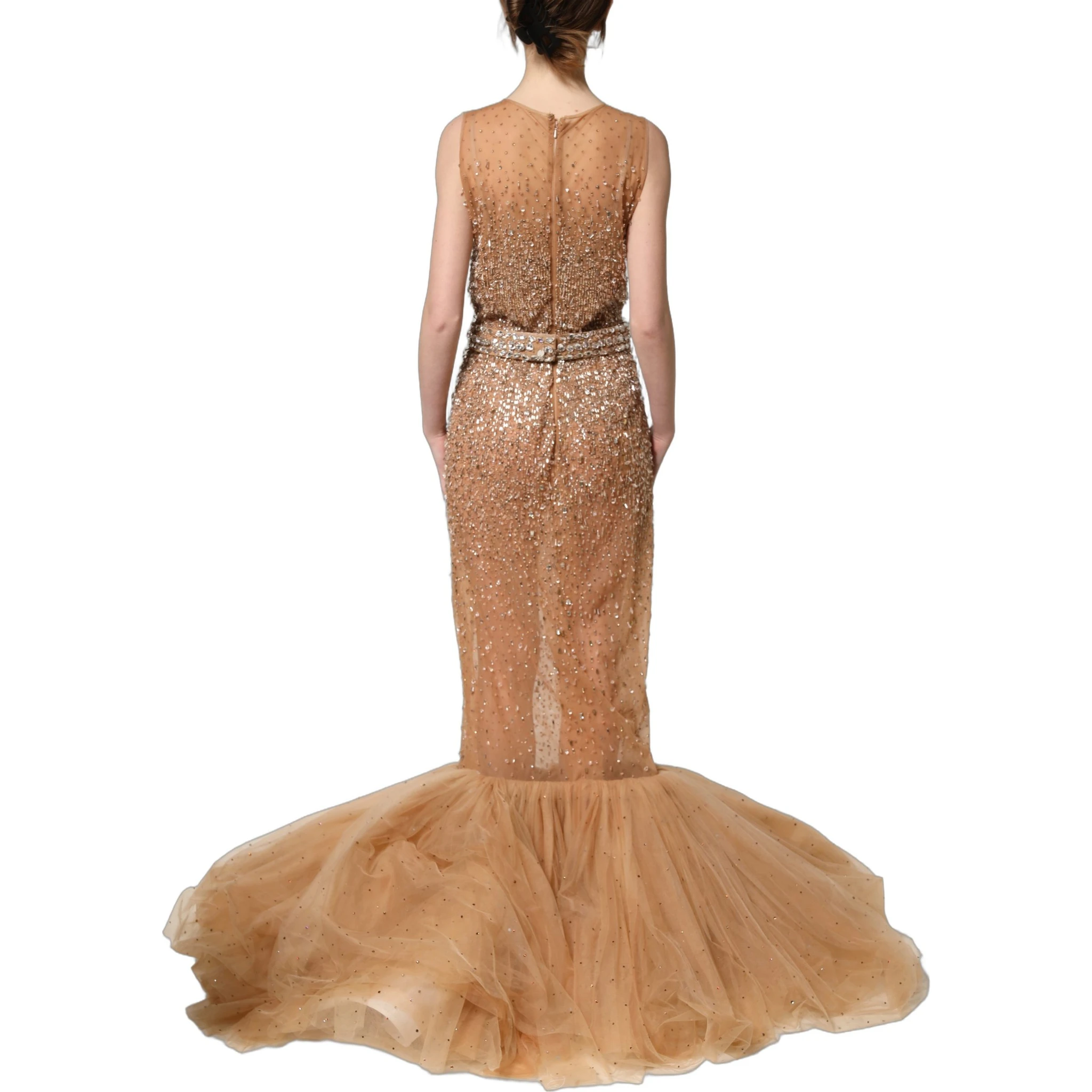 Brown Crystal Embellished Mermaid Gown Dress