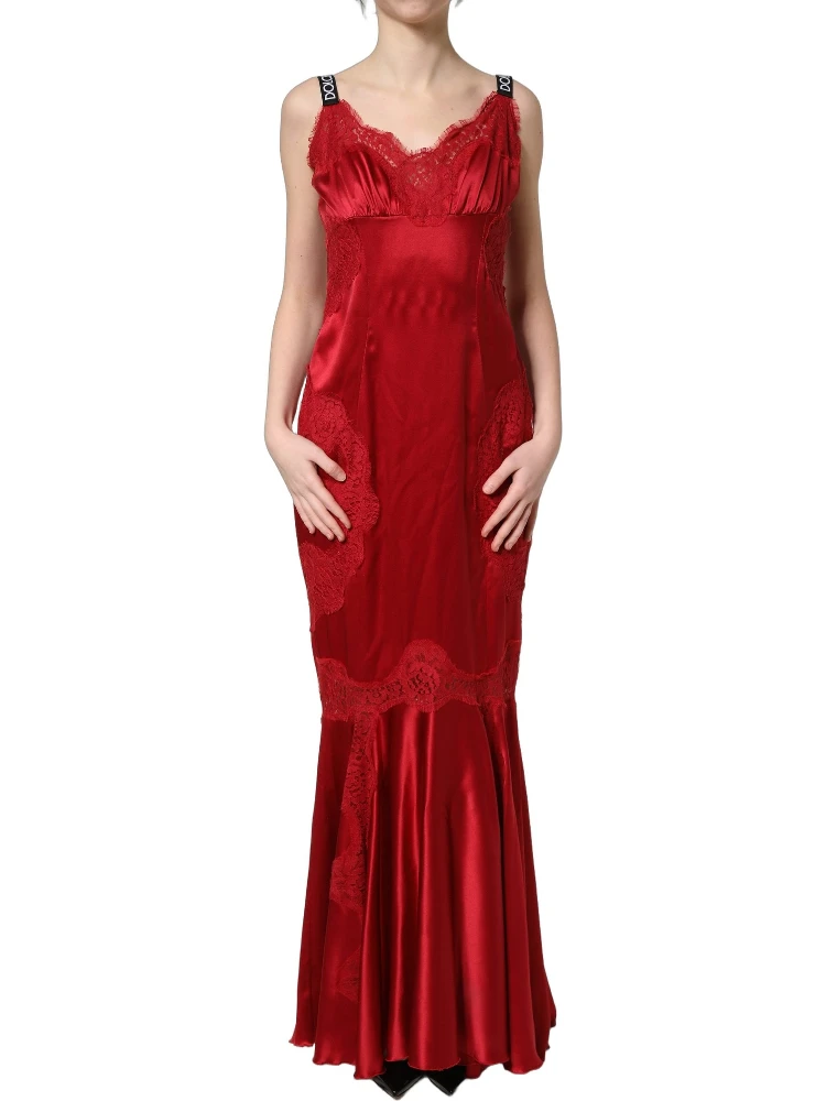 Red Silk Sleeveless Maxi Long Lace Trim Dress