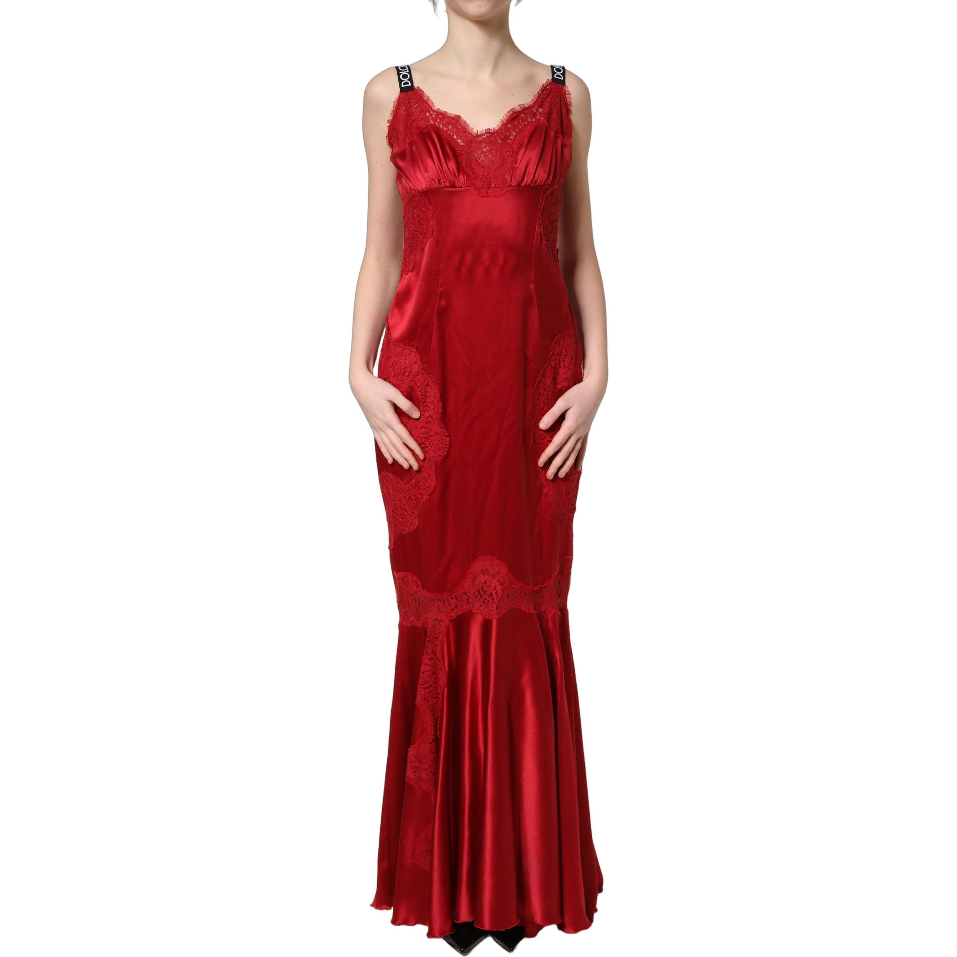 Red Silk Sleeveless Maxi Long Lace Trim Dress