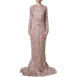 Pink Lace Long Sleeves Evening Gown Dress