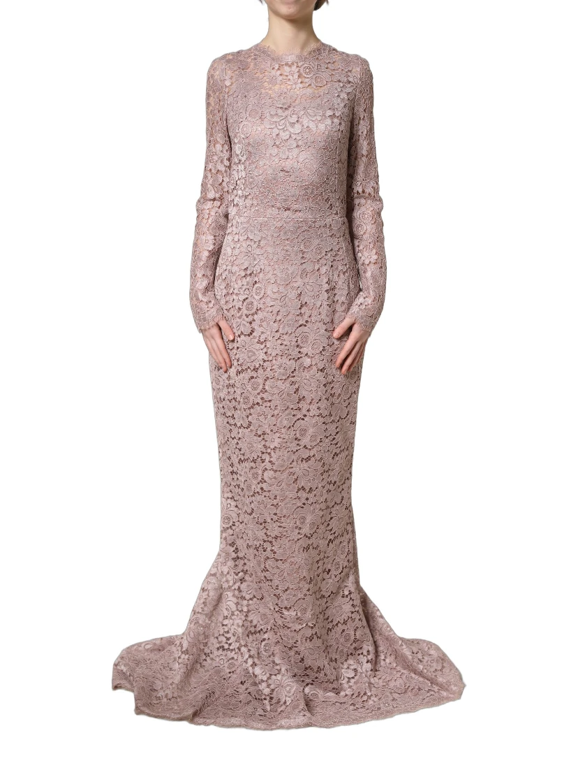 Pink Lace Long Sleeves Evening Gown Dress