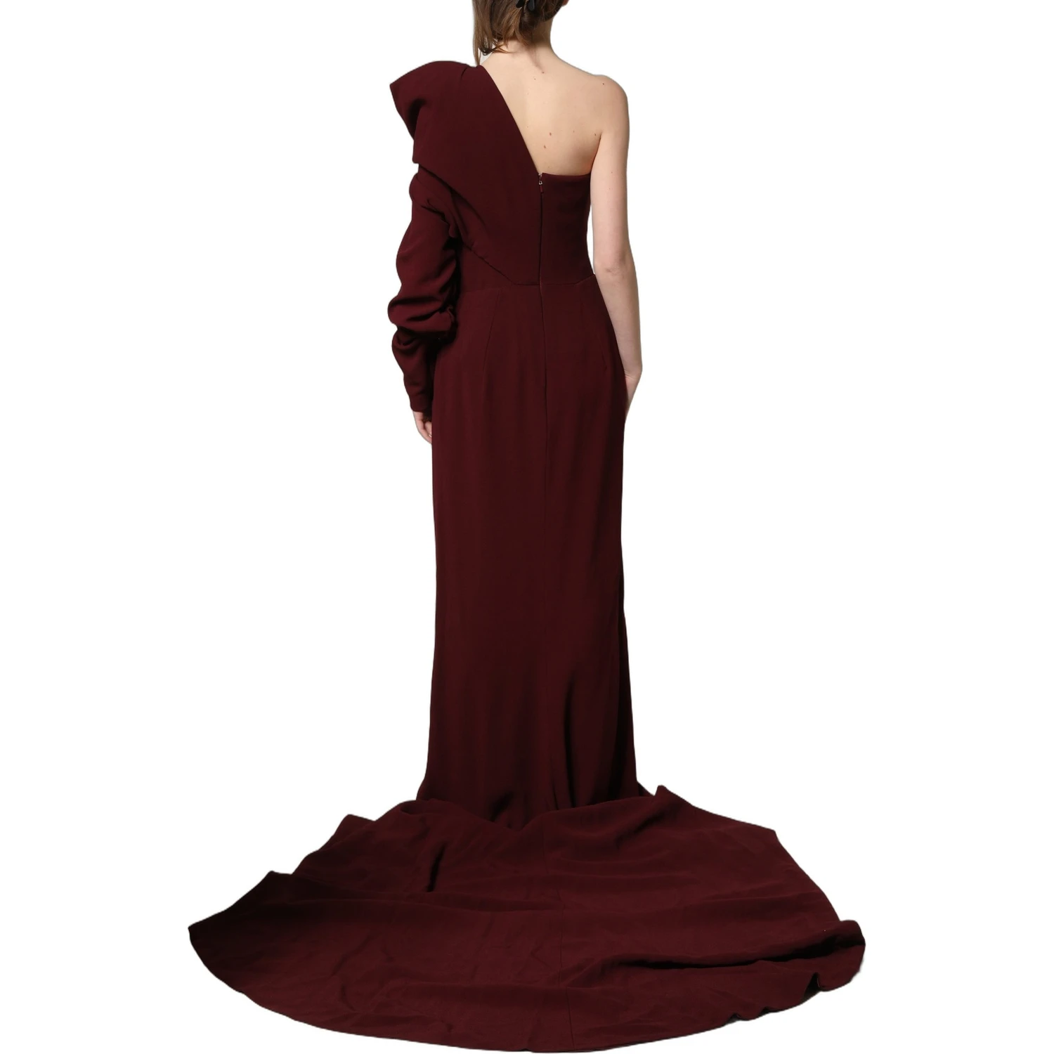 Maroon Crystal One Shoulder EveningGown Dress