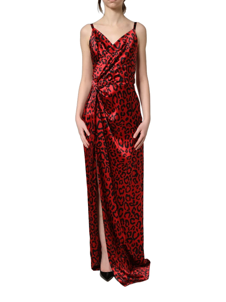 Red Leopard Draped Sleeveless Maxi Dress
