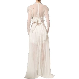 White Silk Sheer Draped Long Gown Dress