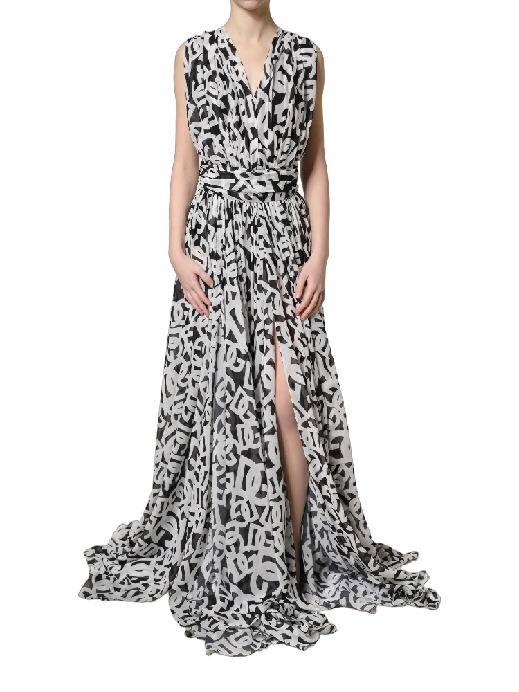 Black White Logo Sleeveless Floor Length Maxi Dress