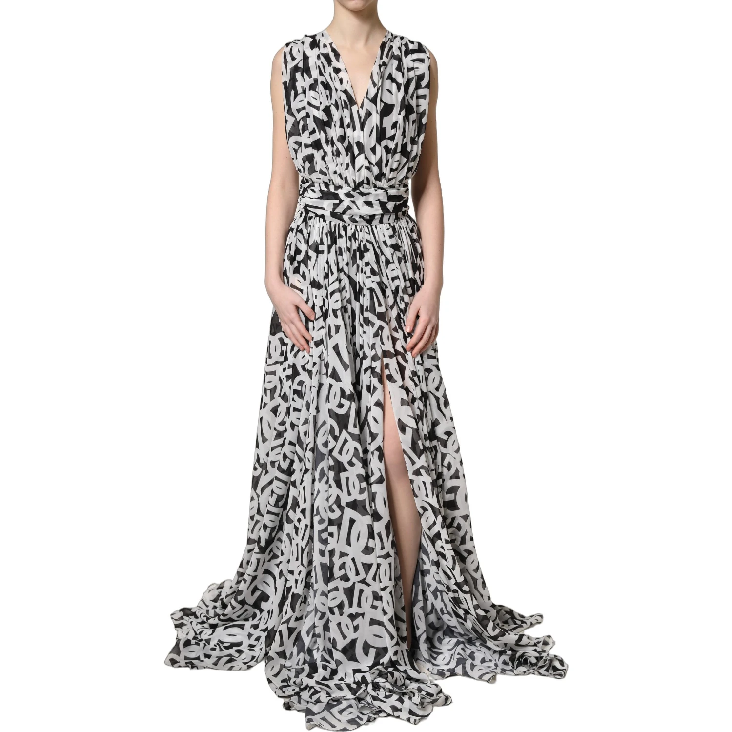 Black White Logo Sleeveless Floor Length Maxi Dress