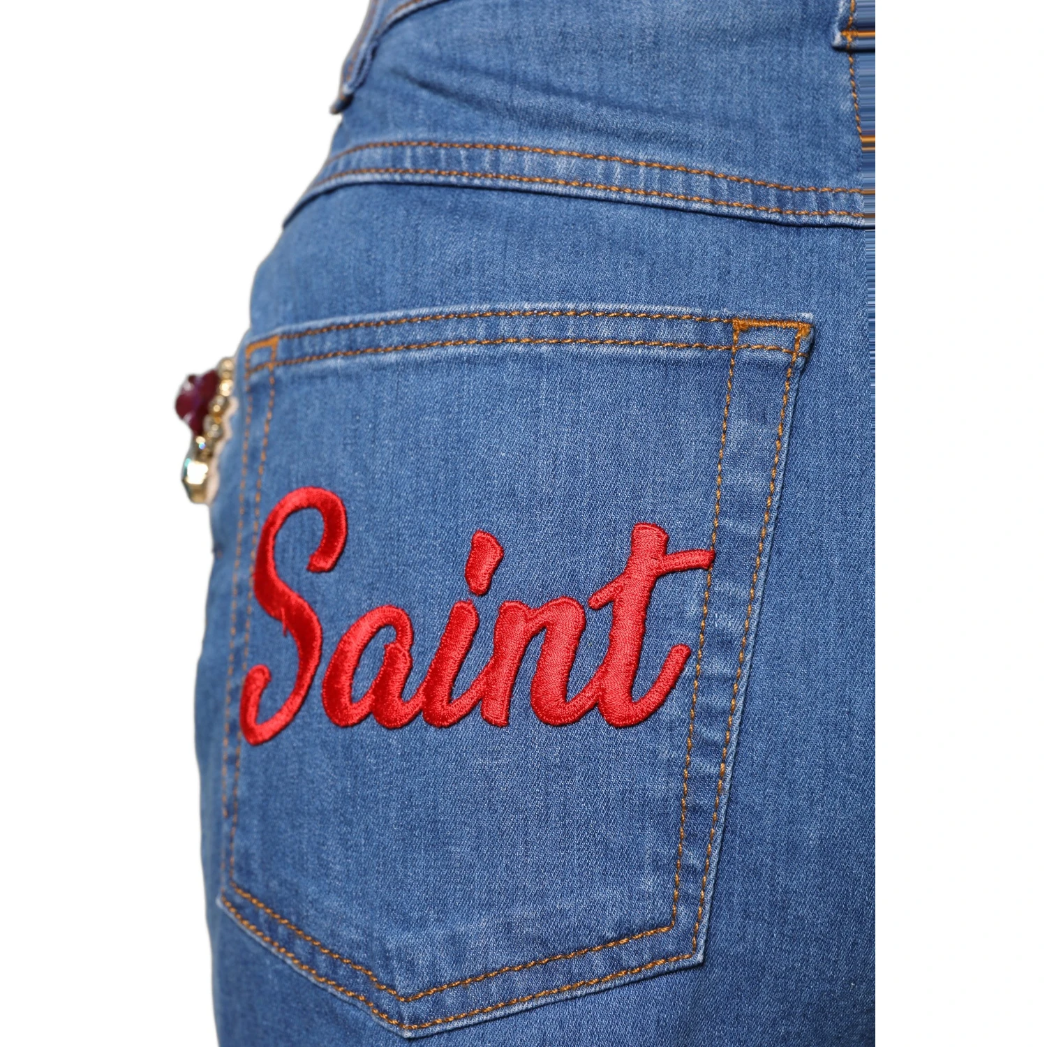 Blue Cotton Embellished BermudaDenim Shorts