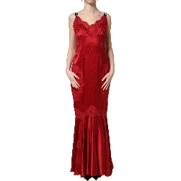 Red Silk Sleeveless Maxi Long Lace Trim Dress
