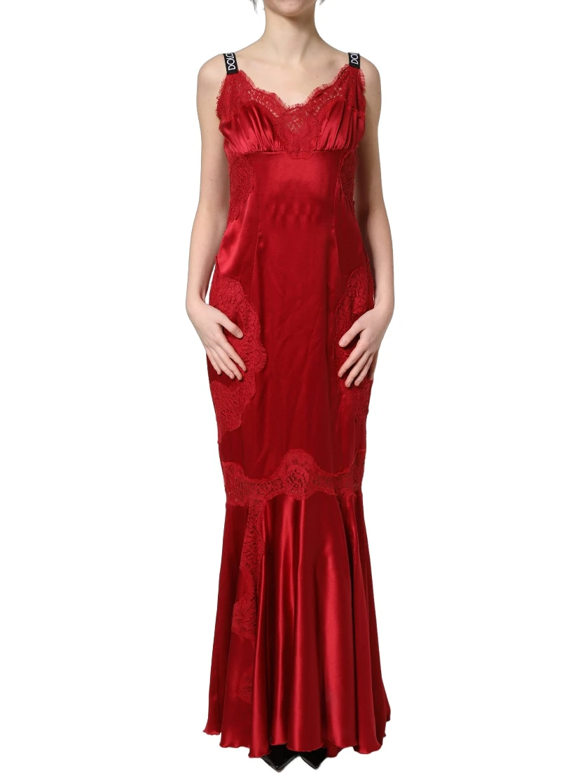 Red Silk Sleeveless Maxi Long Lace Trim Dress