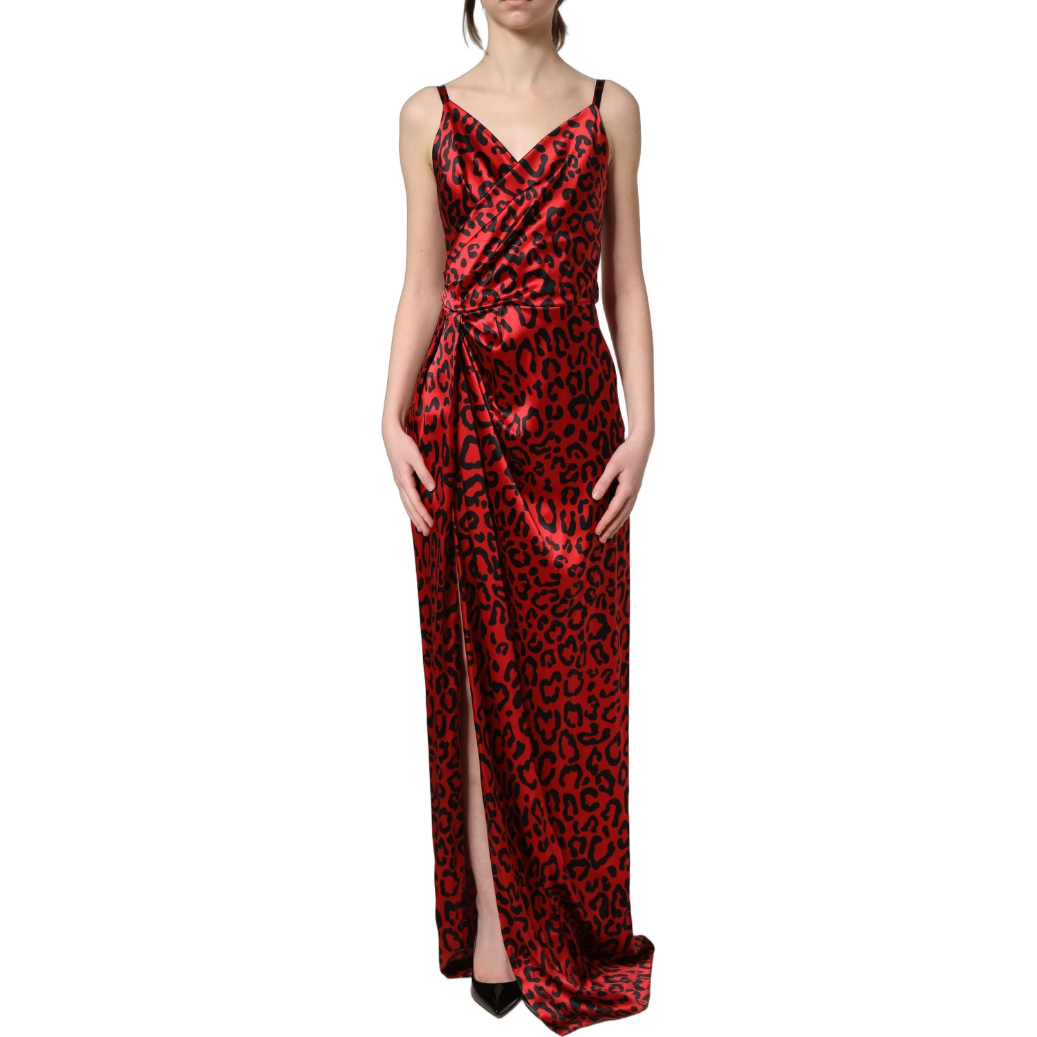 Red Leopard Draped Sleeveless Maxi Dress
