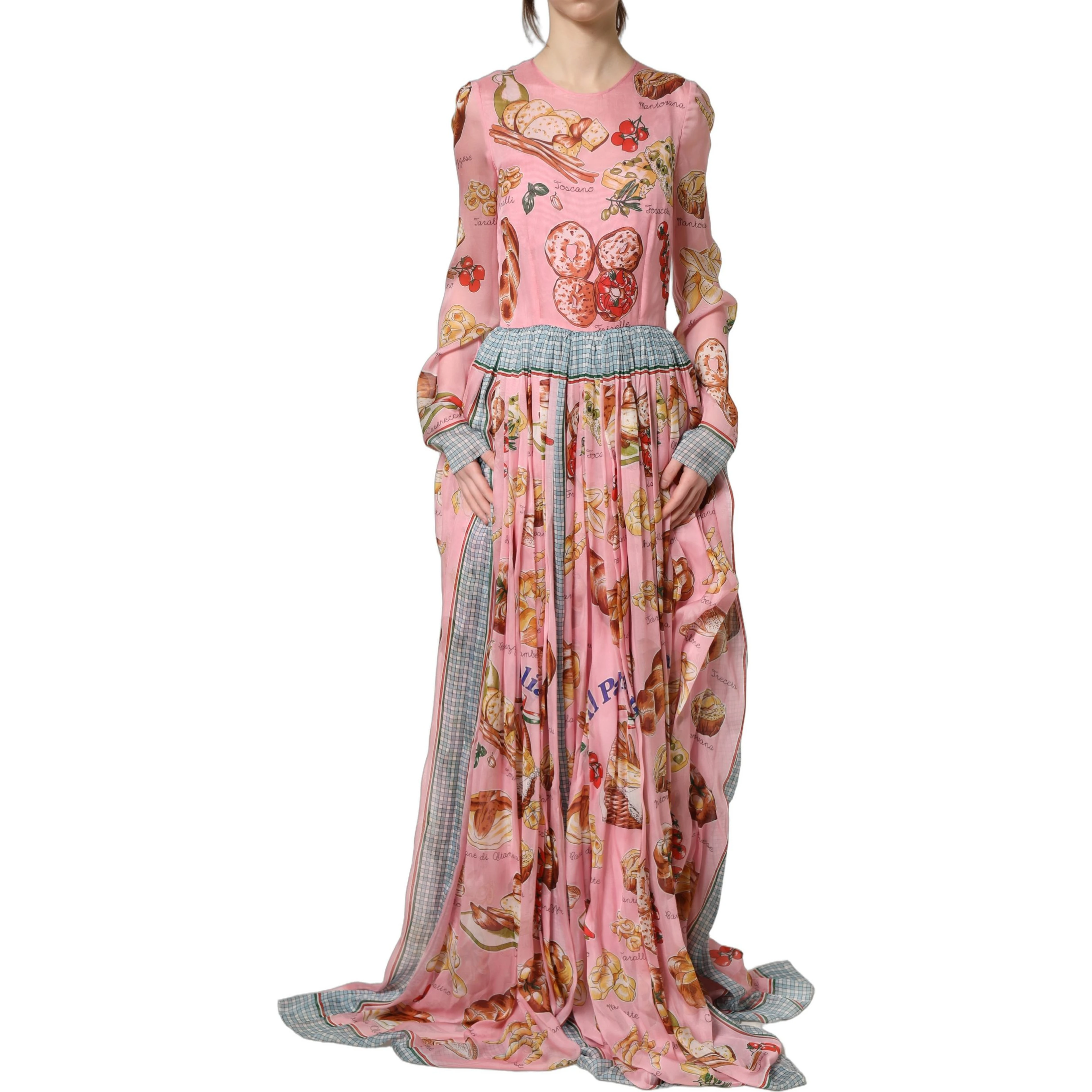 Light Pink Bread Print Pleated Maxi Dress