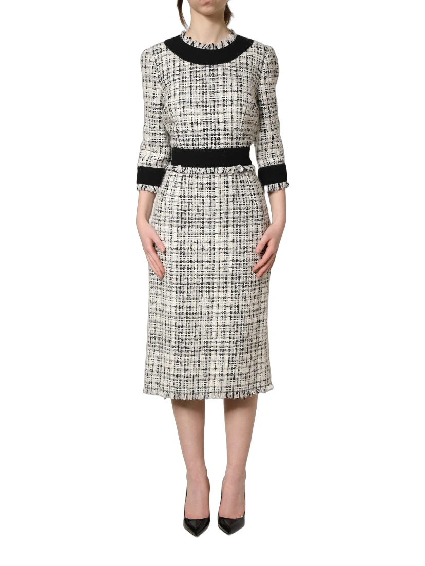 Black White Tweed Sheath A-line Midi Dress