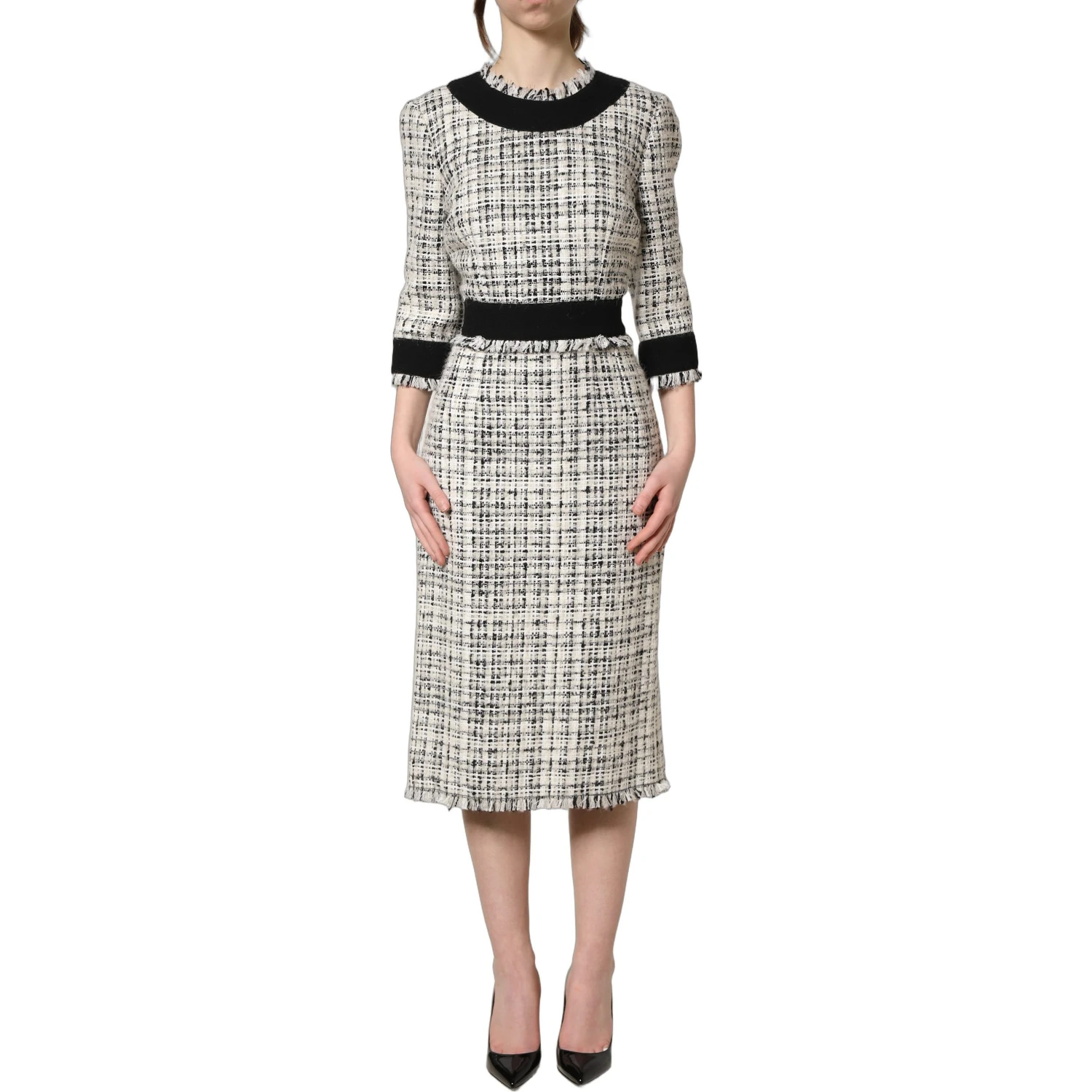 Black White Tweed Sheath A-line Midi Dress
