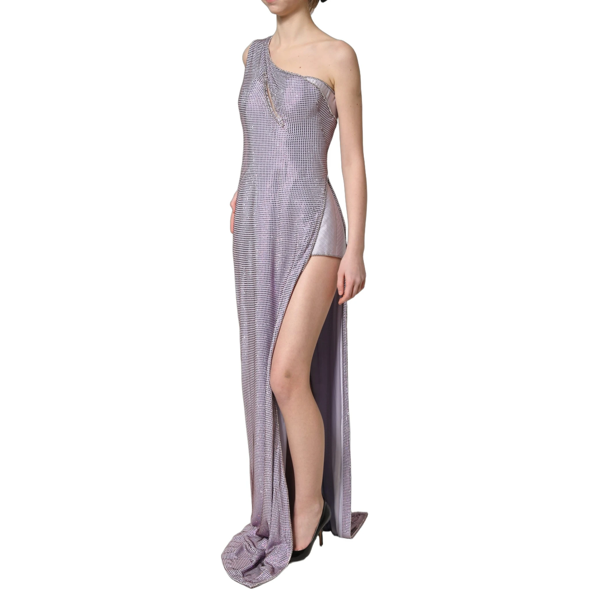 Purple Crystal OneShoulder EveningGown Dress