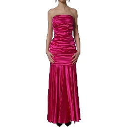 Hot Pink Ruched Satin Strapless Gown Dress