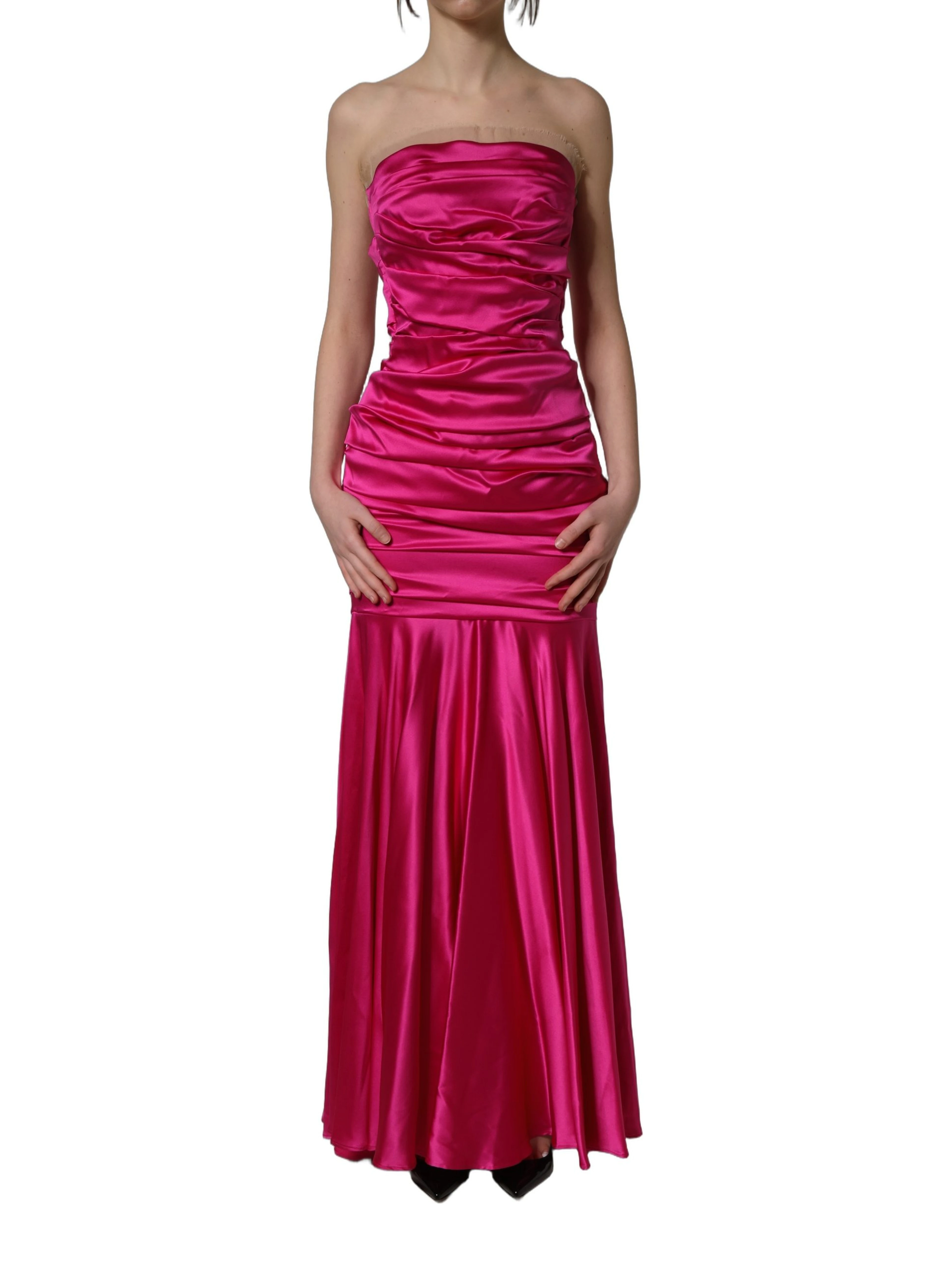 Hot Pink Ruched Satin Strapless Gown Dress