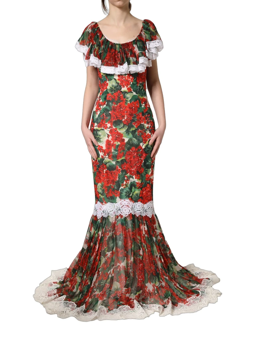 Multicolor Geranium Flower Lace Maxi Dress