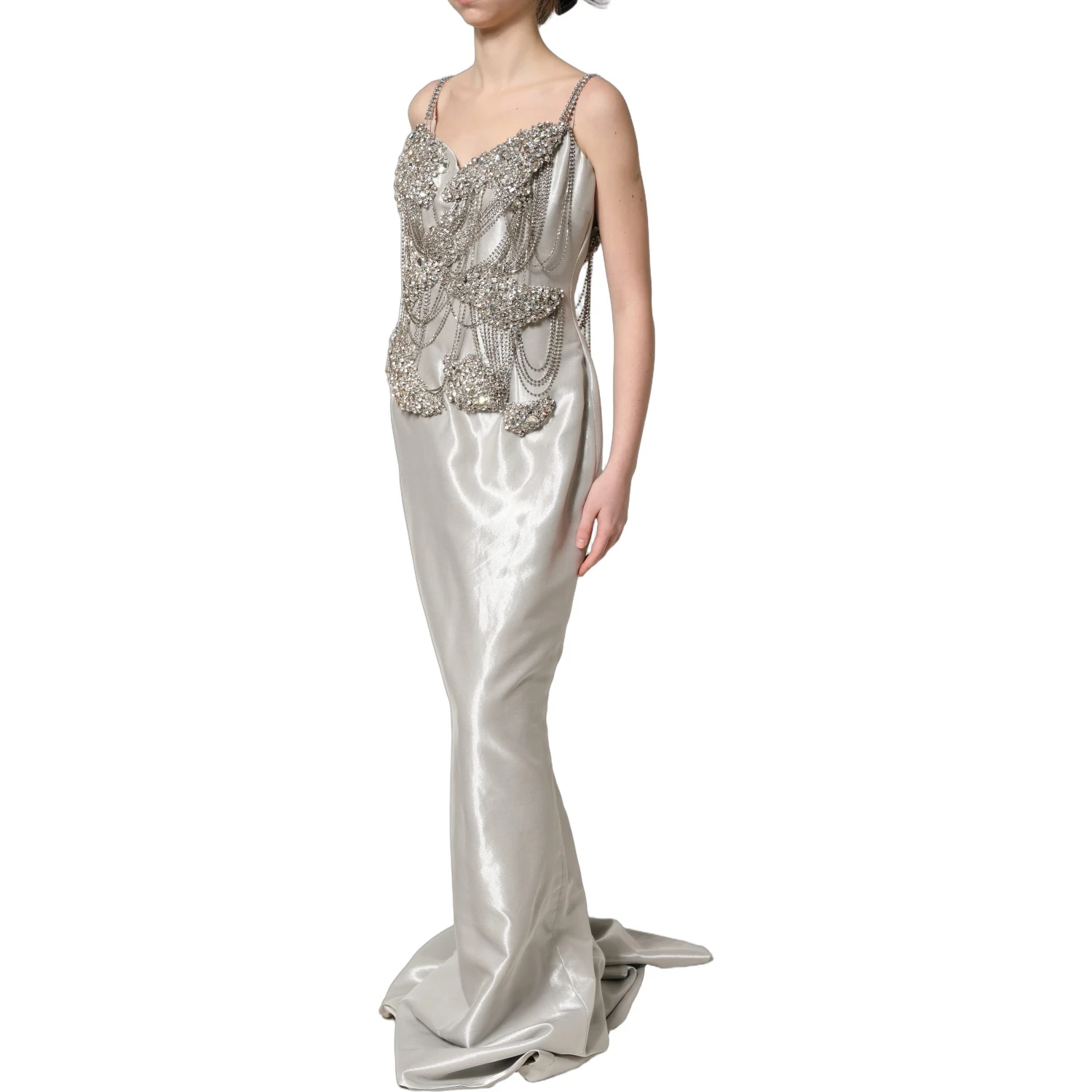 Silver Crystal Embellished EveningGown Dress