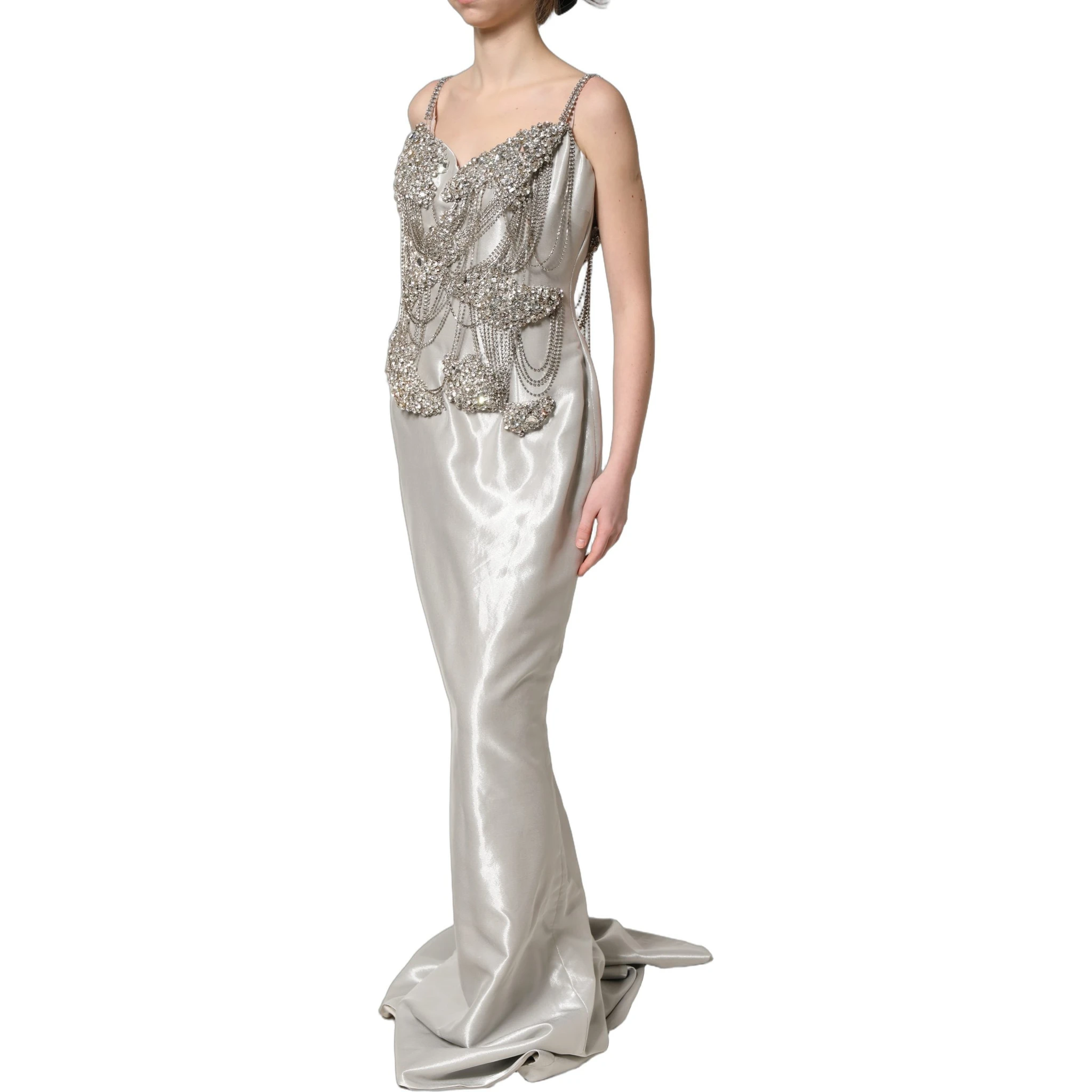 Silver Crystal Embellished EveningGown Dress