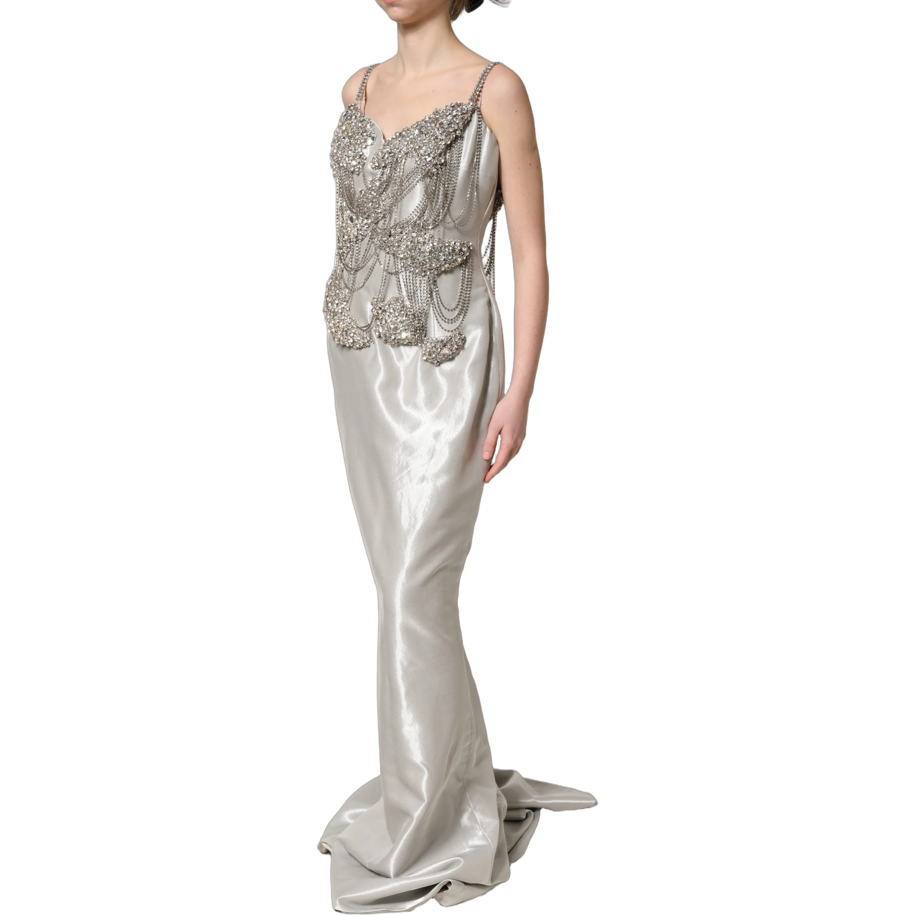 Silver Crystal Embellished EveningGown Dress
