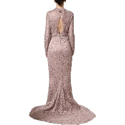 Pink Lace Long Sleeves Evening Gown Dress