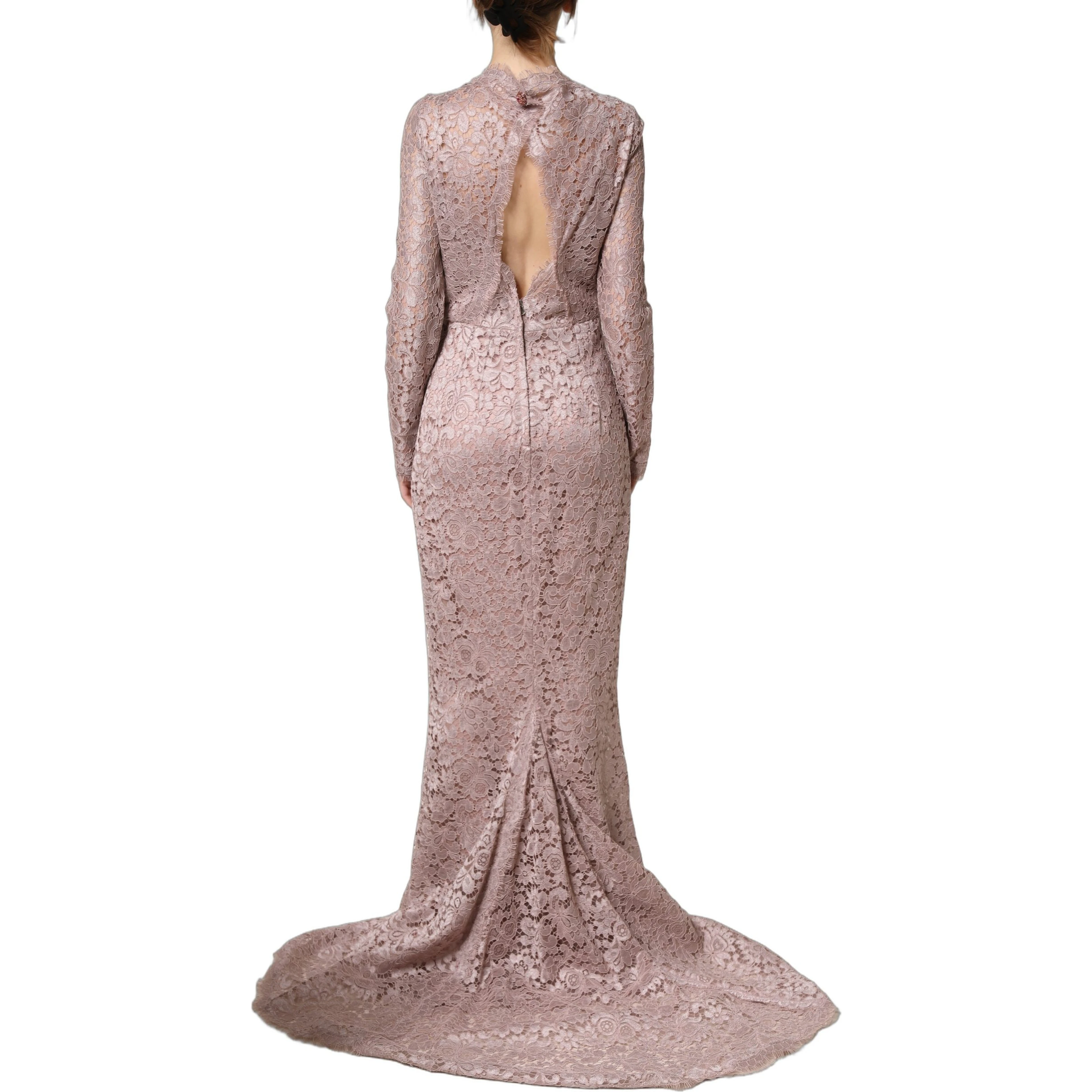 Pink Lace Long Sleeves Evening Gown Dress