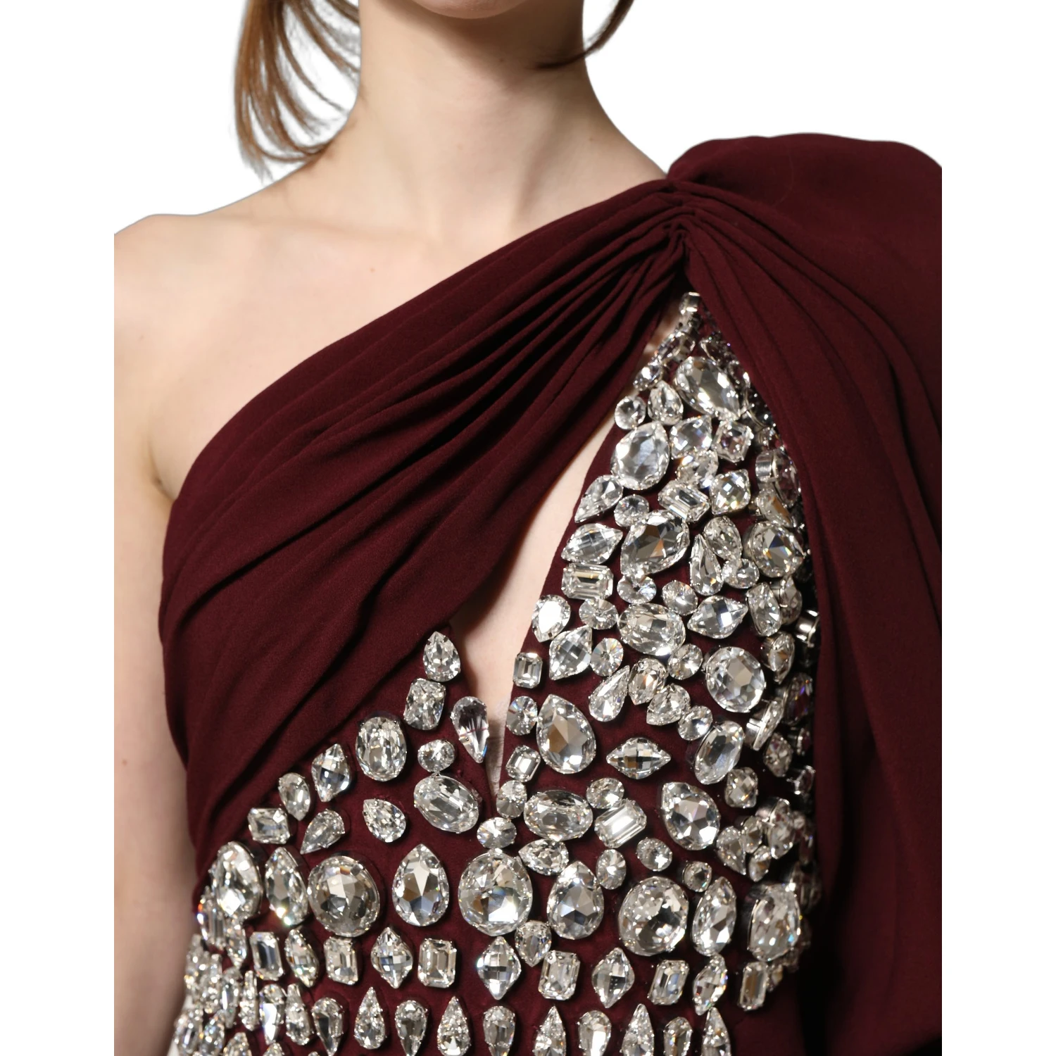 Maroon Crystal One Shoulder EveningGown Dress