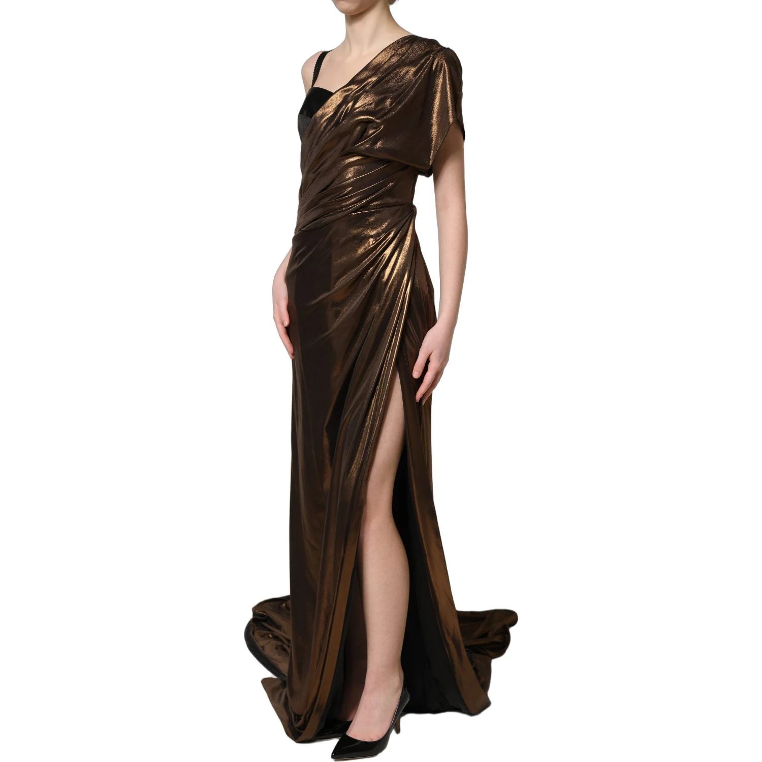 Bronze Asymmetrical Draping OneShoulder Dress