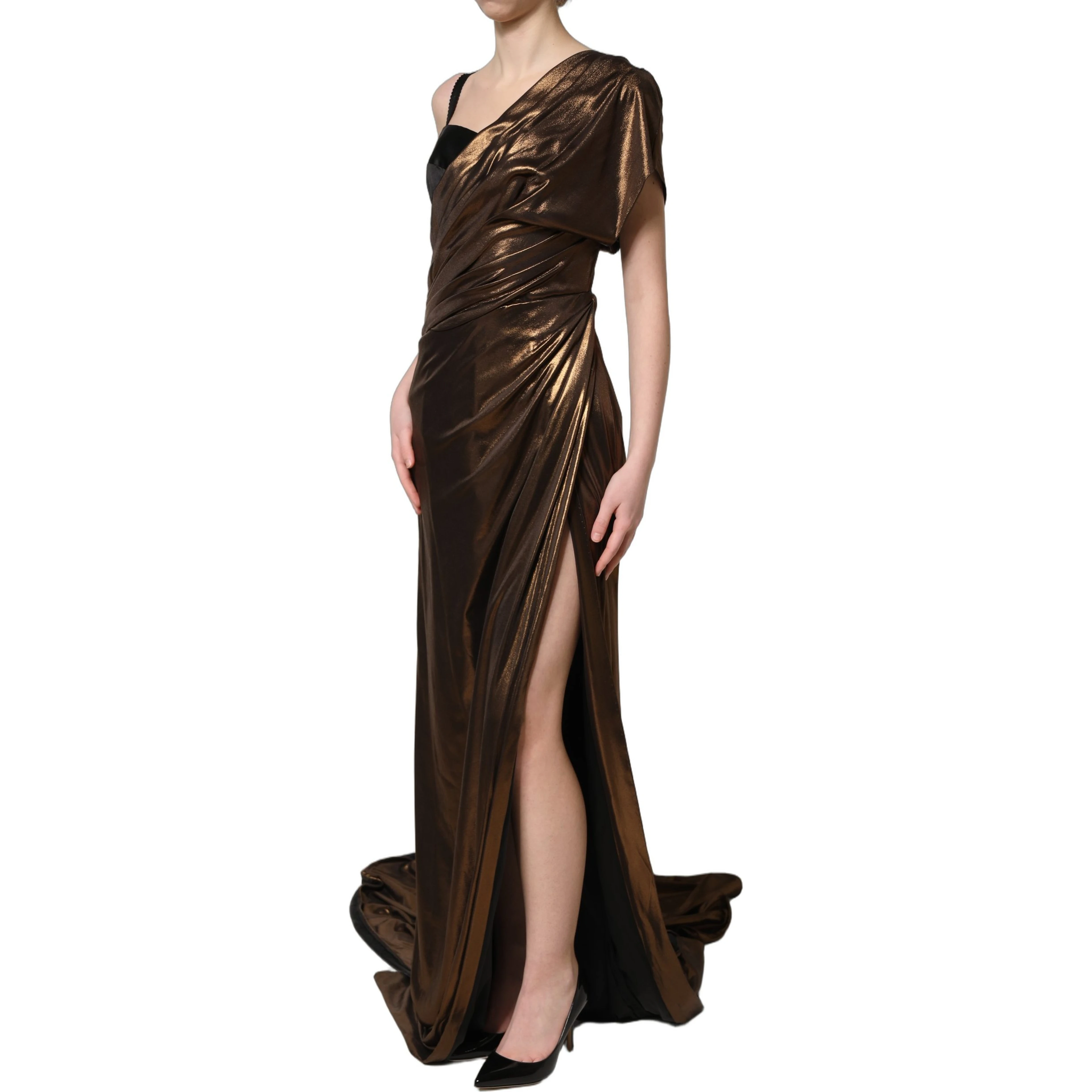 Bronze Asymmetrical Draping OneShoulder Dress