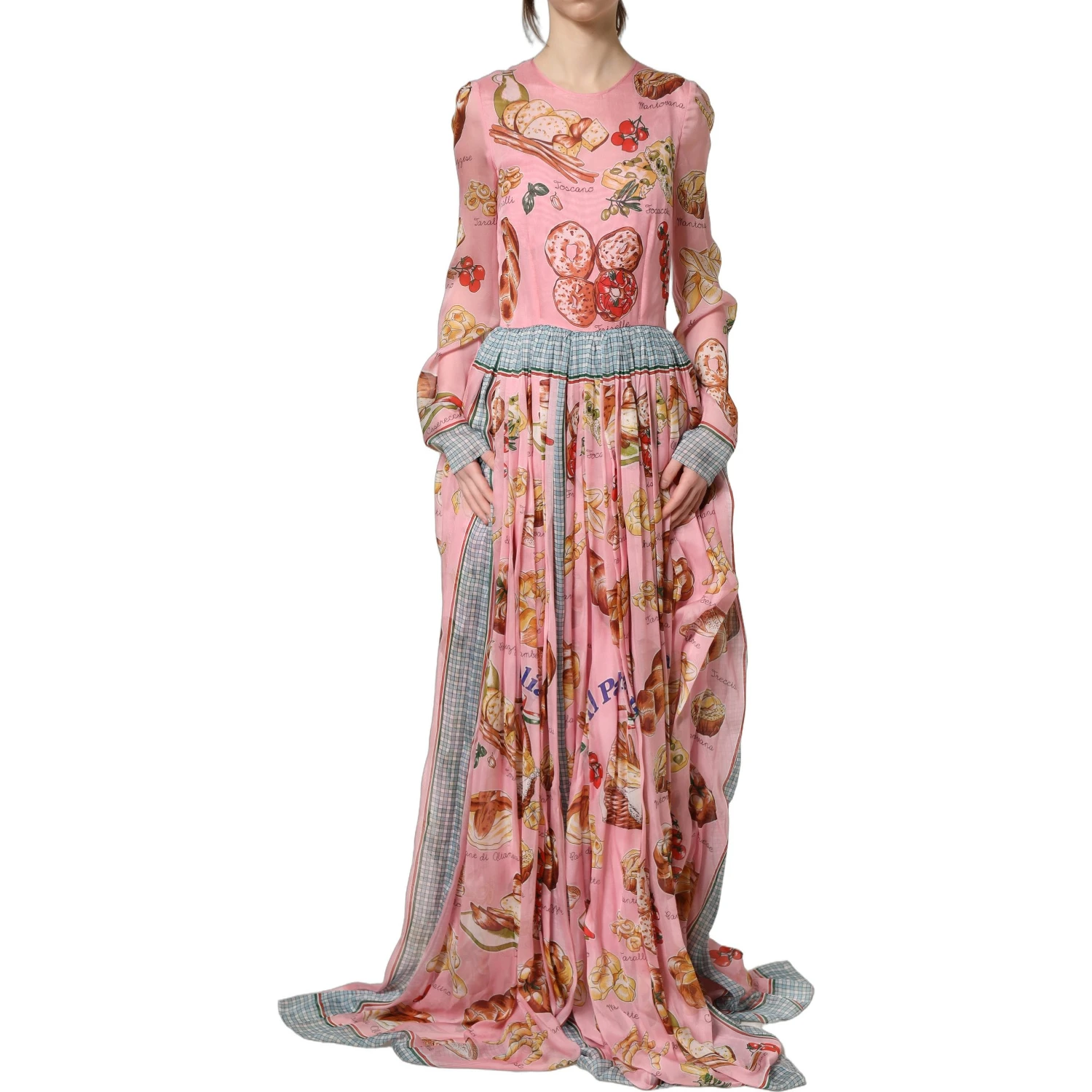 Light Pink Bread Print Pleated Maxi Dress