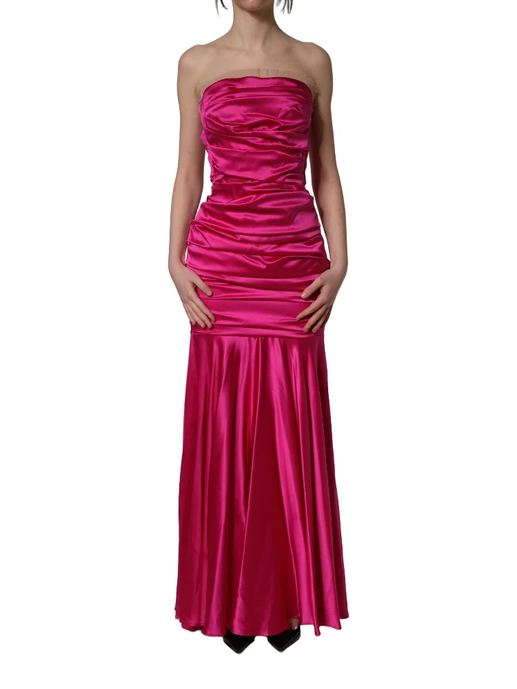 Hot Pink Ruched Satin Strapless Gown Dress alternative