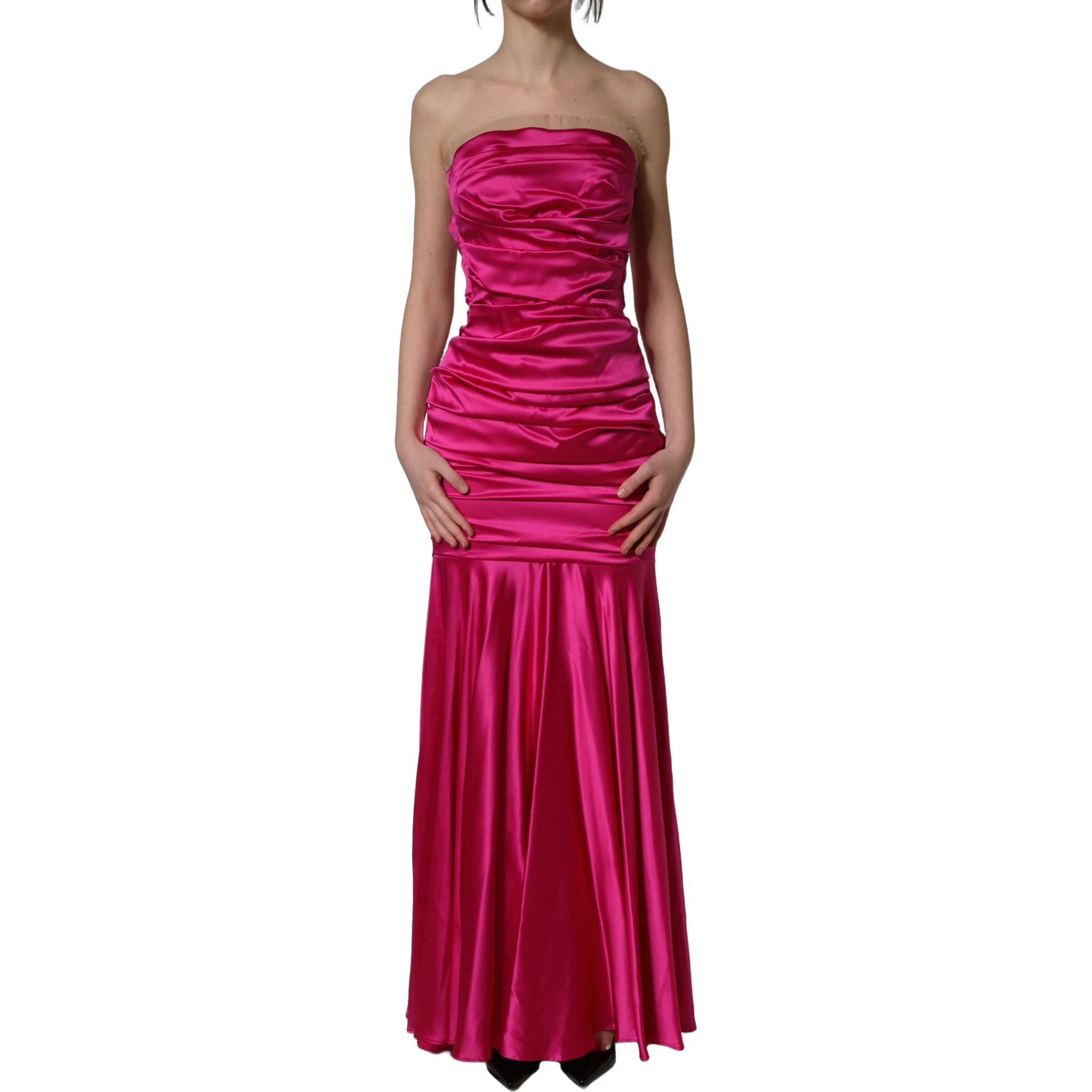 Hot Pink Ruched Satin Strapless Gown Dress