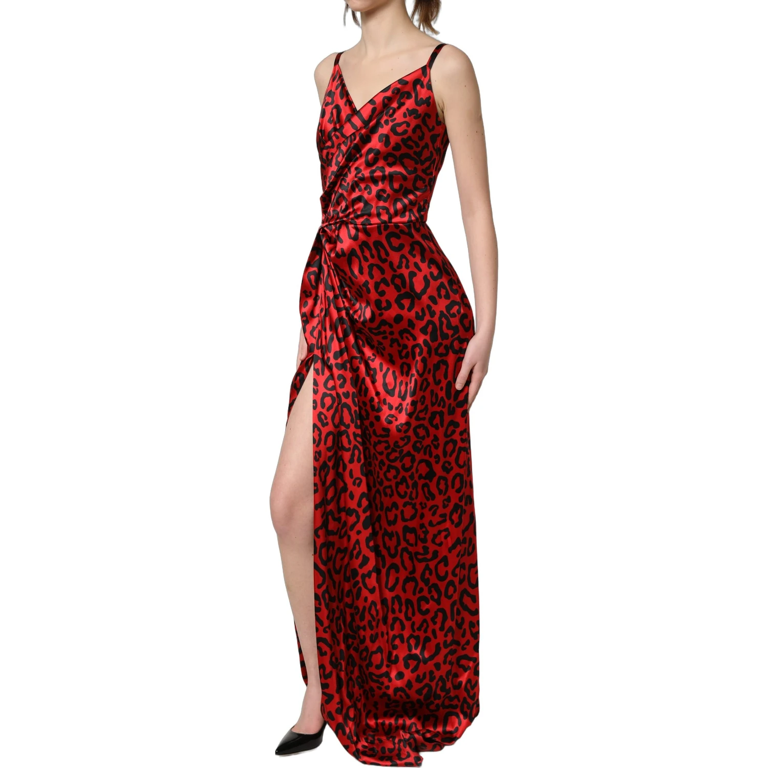 Red Leopard Draped Sleeveless Maxi Dress