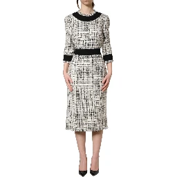 Black White Tweed Sheath A-line Midi Dress