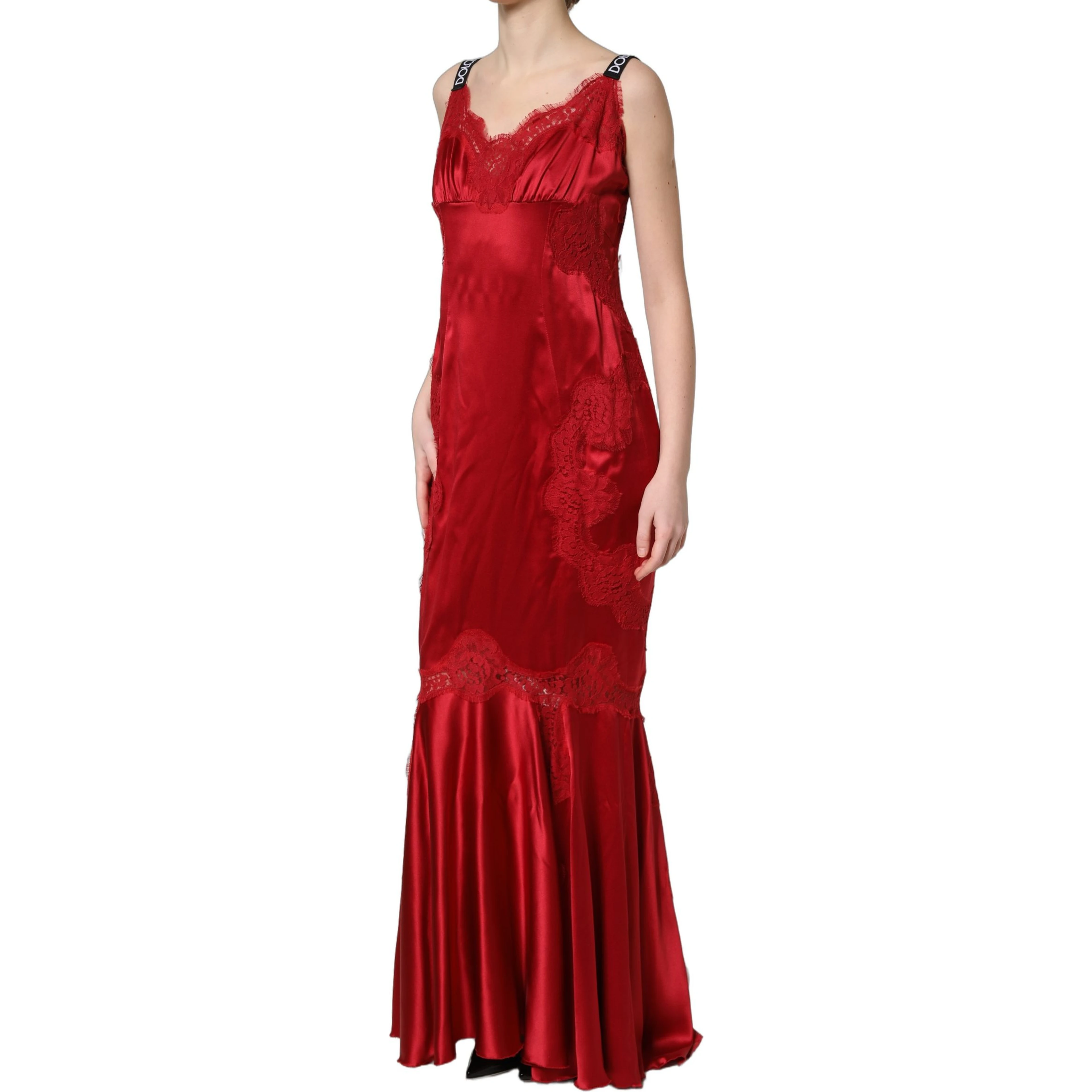 Red Silk Sleeveless Maxi Long Lace Trim Dress