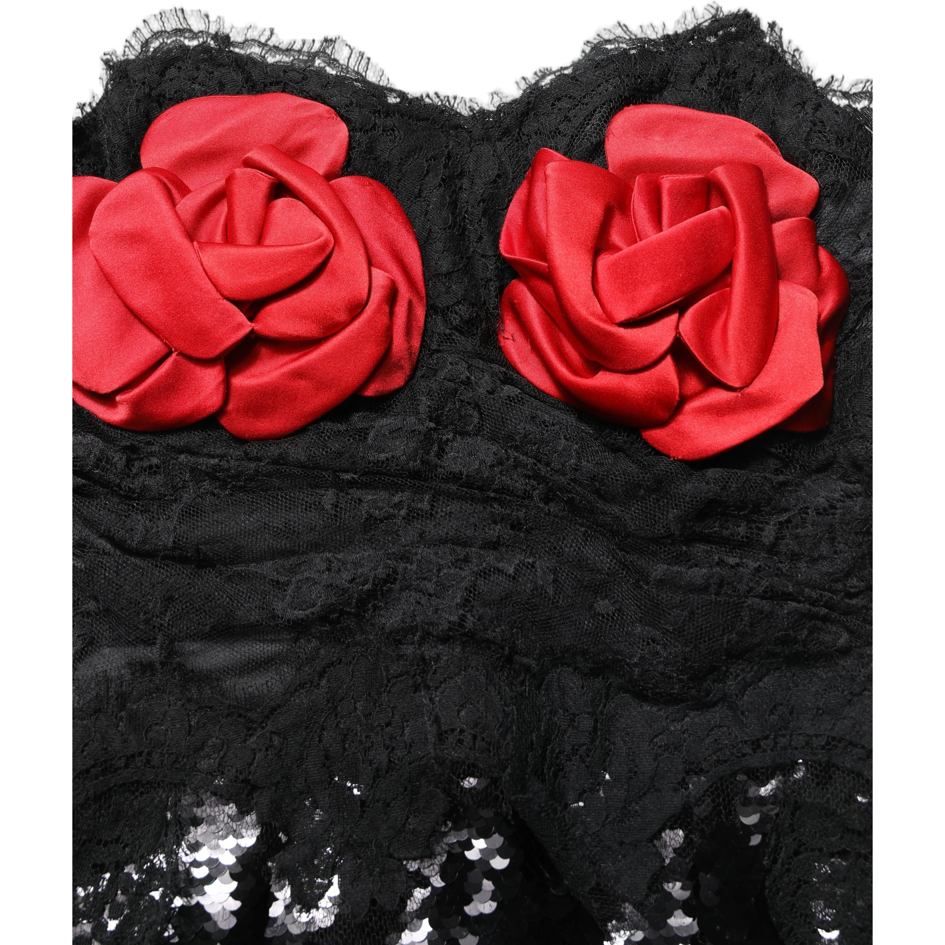 Black Strapless Red Rose Sequined Midi Dress