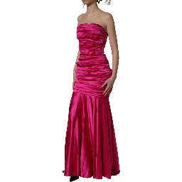 Hot Pink Ruched Satin Strapless Gown Dress