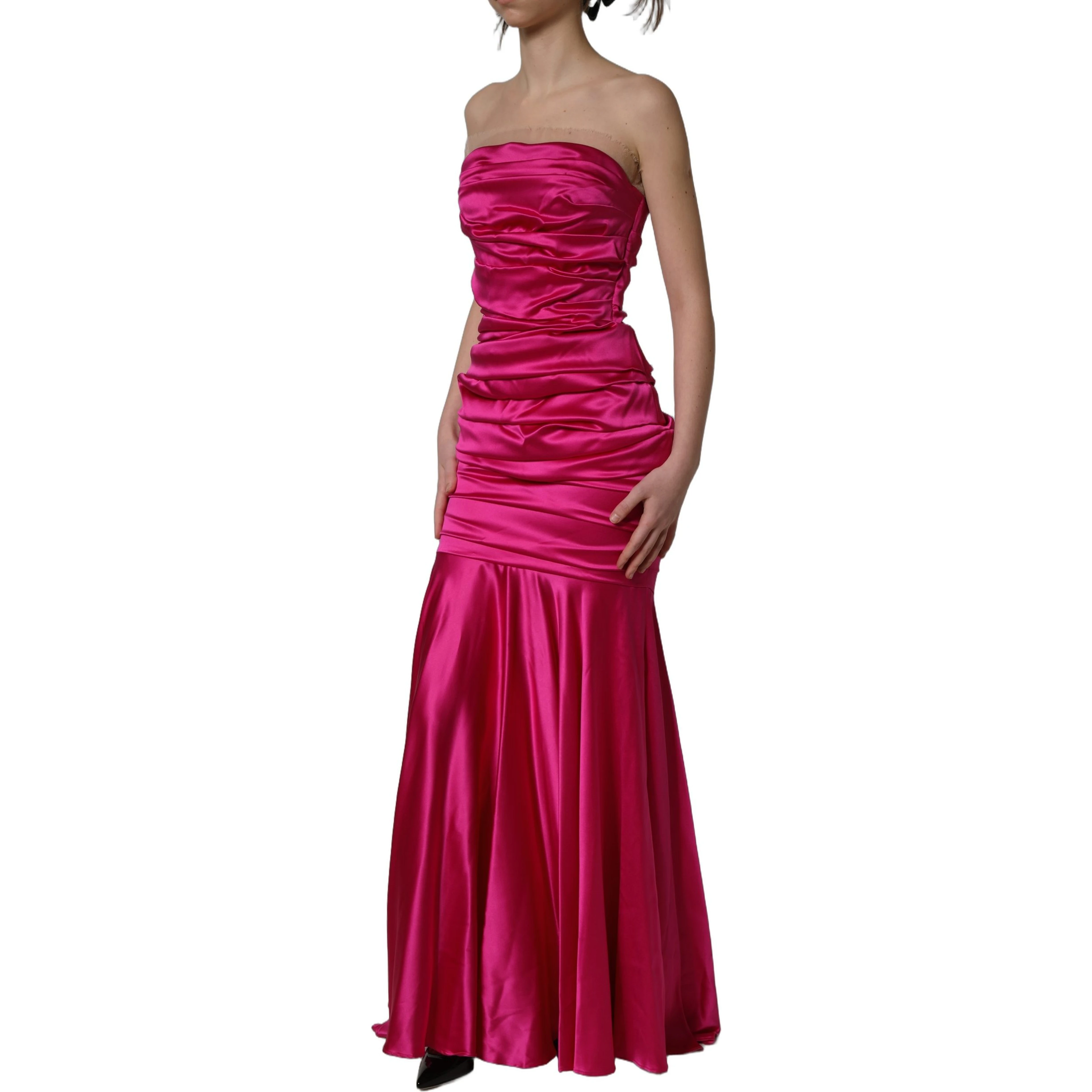Hot Pink Ruched Satin Strapless Gown Dress