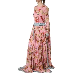 Light Pink Bread Print Pleated Maxi Dress