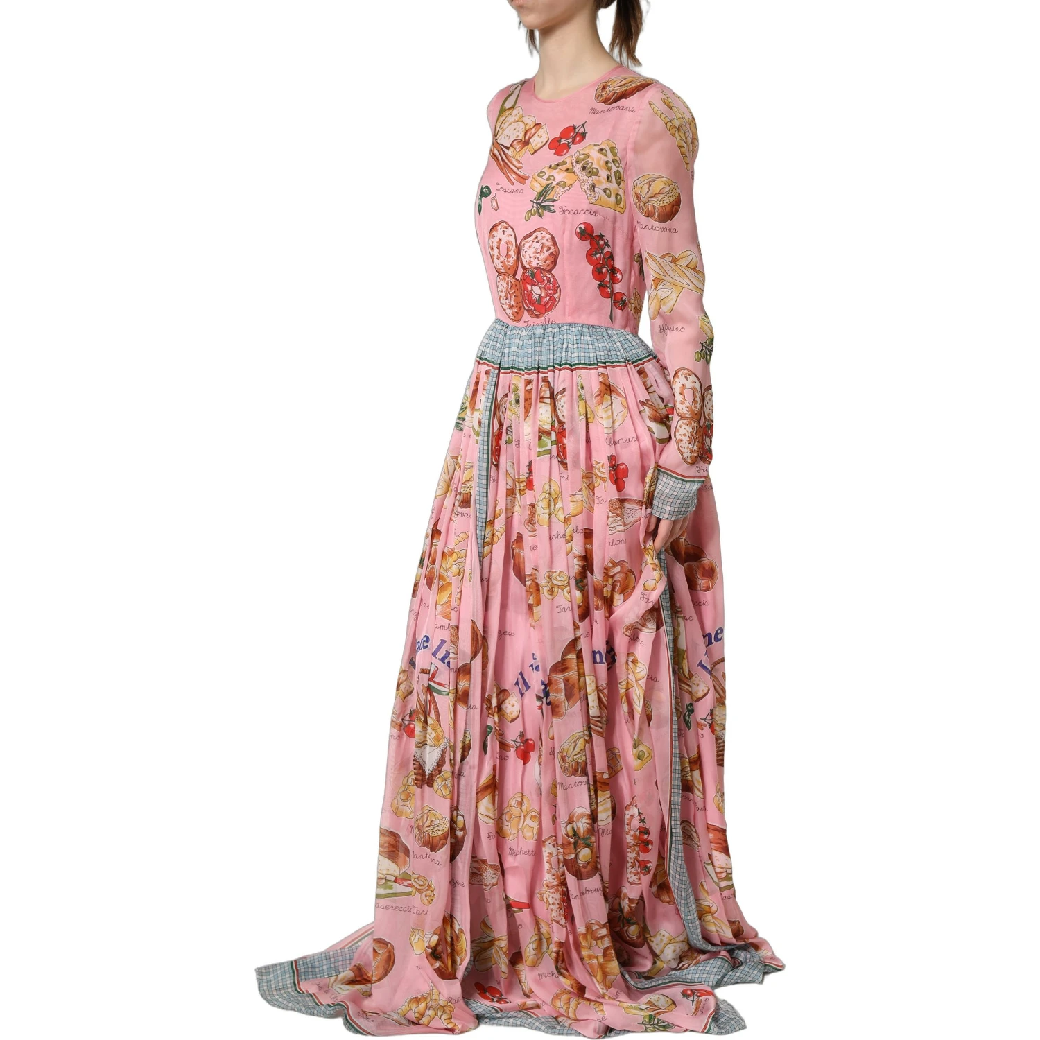 Light Pink Bread Print Pleated Maxi Dress
