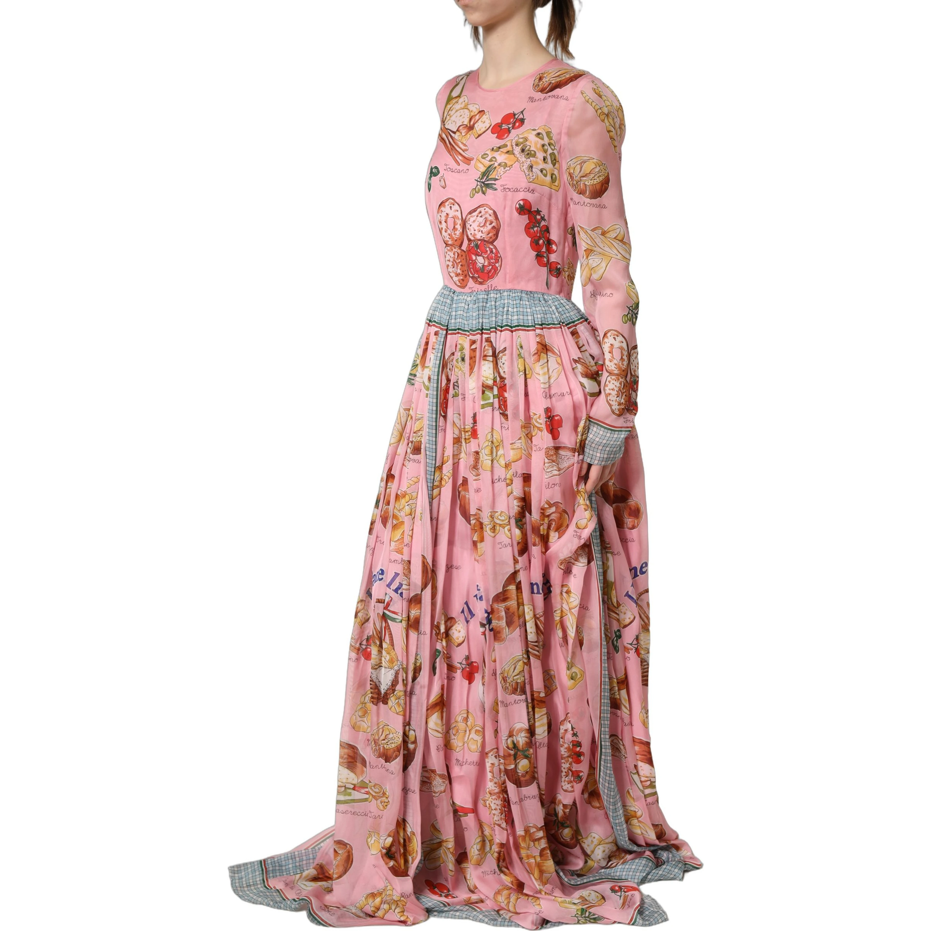 Light Pink Bread Print Pleated Maxi Dress