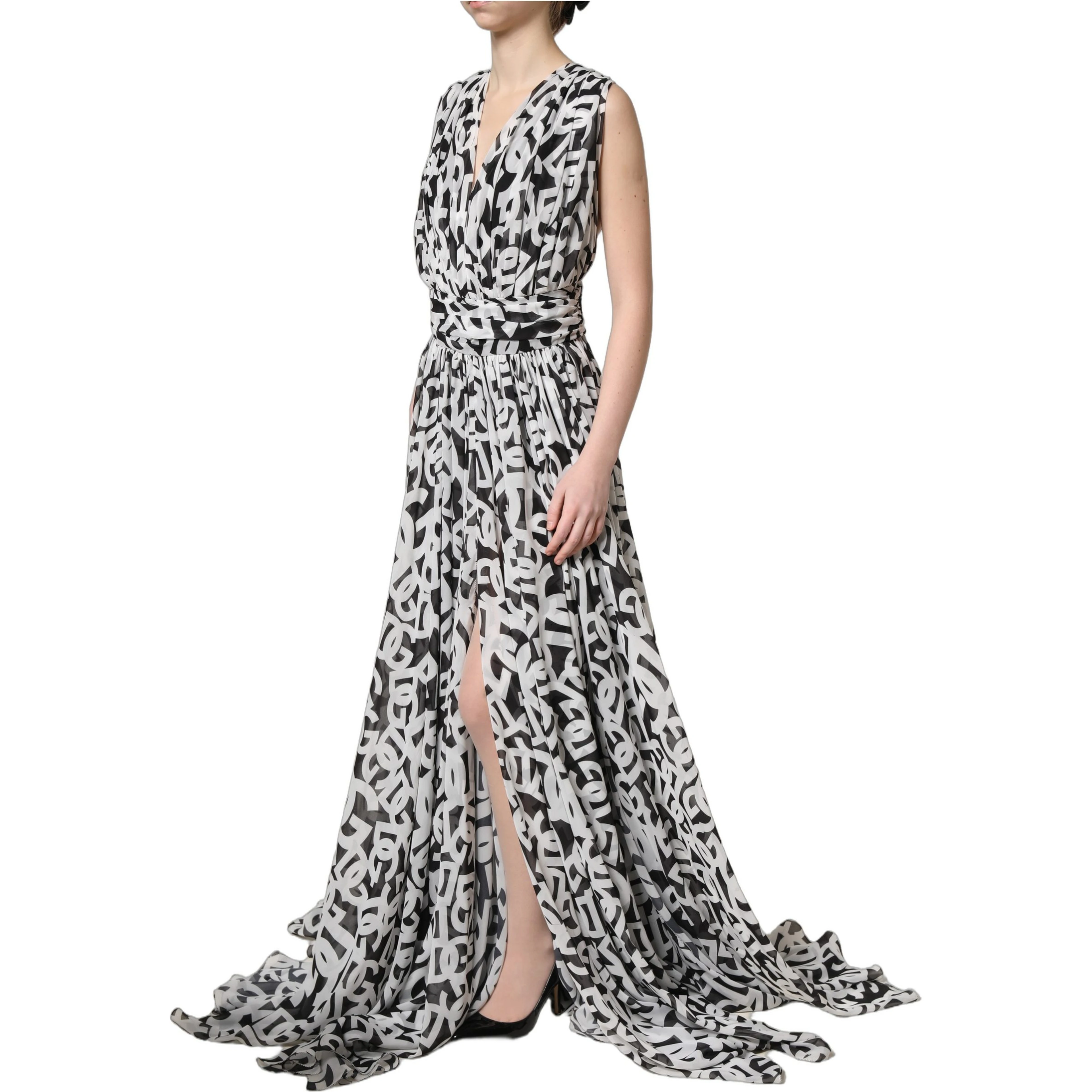 Black White Logo Sleeveless Floor Length Maxi Dress