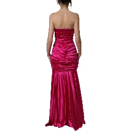 Hot Pink Ruched Satin Strapless Gown Dress