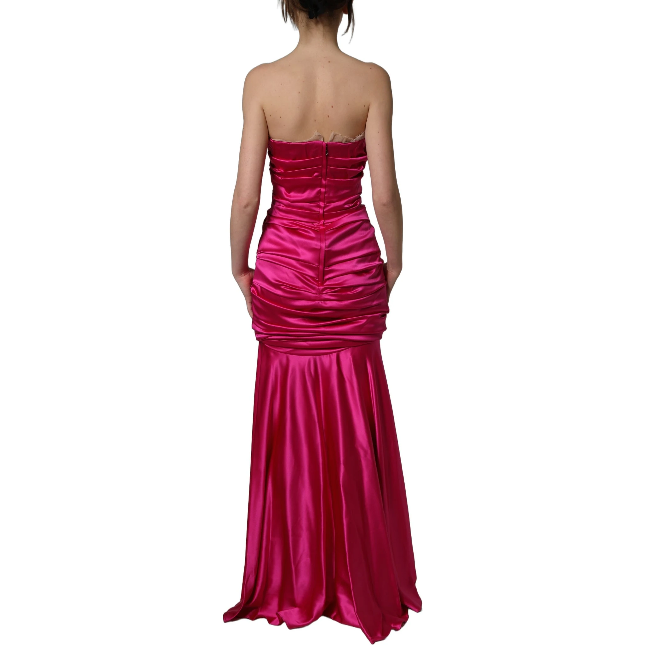 Hot Pink Ruched Satin Strapless Gown Dress