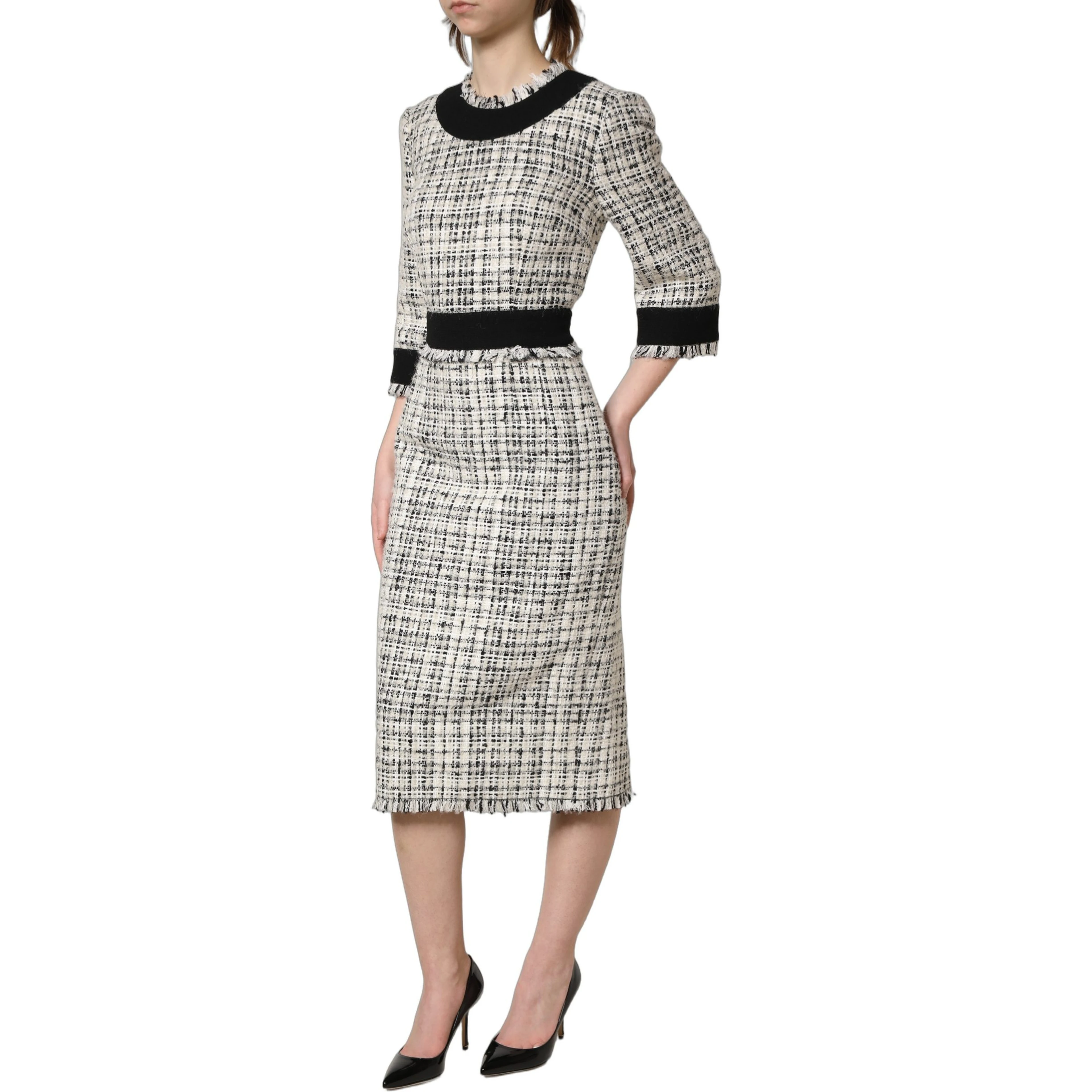 Black White Tweed Sheath A-line Midi Dress