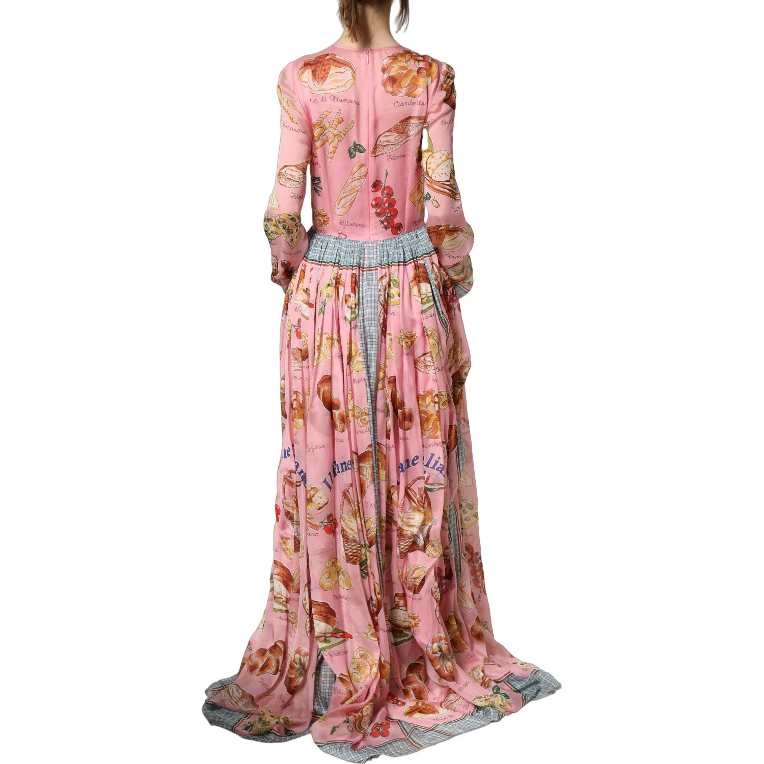 Light Pink Bread Print Pleated Maxi Dress