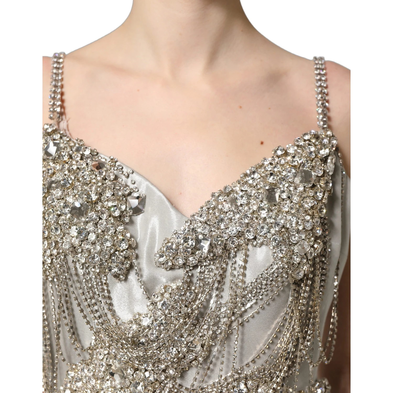 Silver Crystal Embellished EveningGown Dress