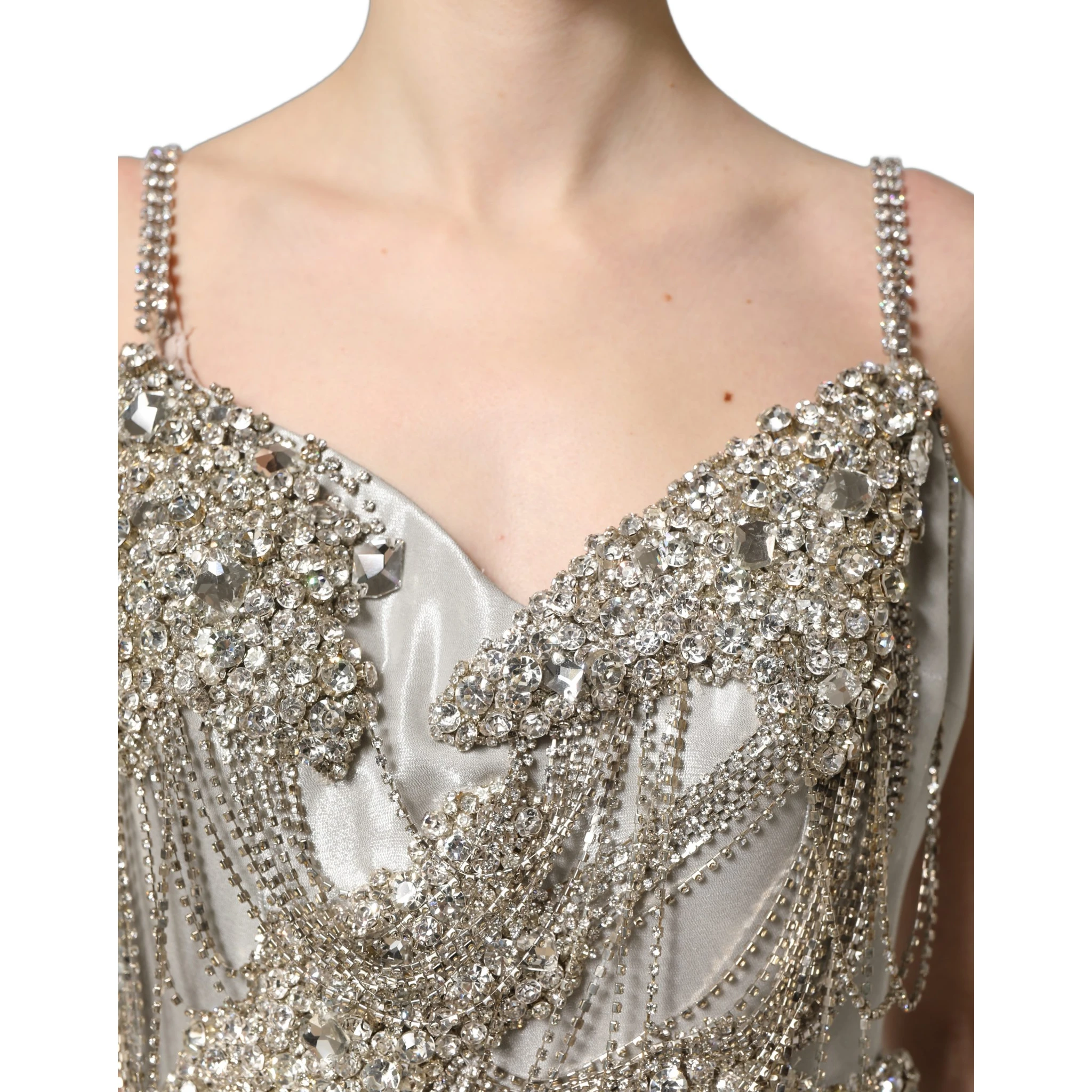 Silver Crystal Embellished EveningGown Dress