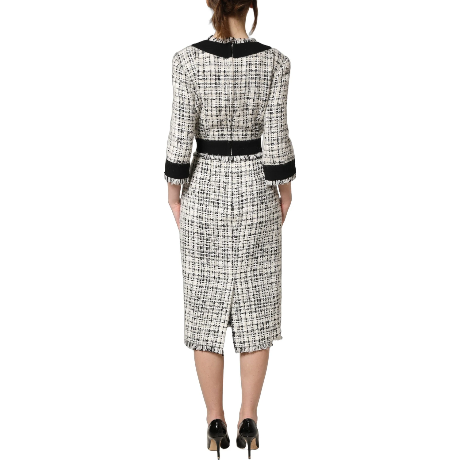 Black White Tweed Sheath A-line Midi Dress